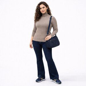 UNIQLO Women L Ribbed Knit Turtleneck Sweater Taupe Beige Long Sleeve